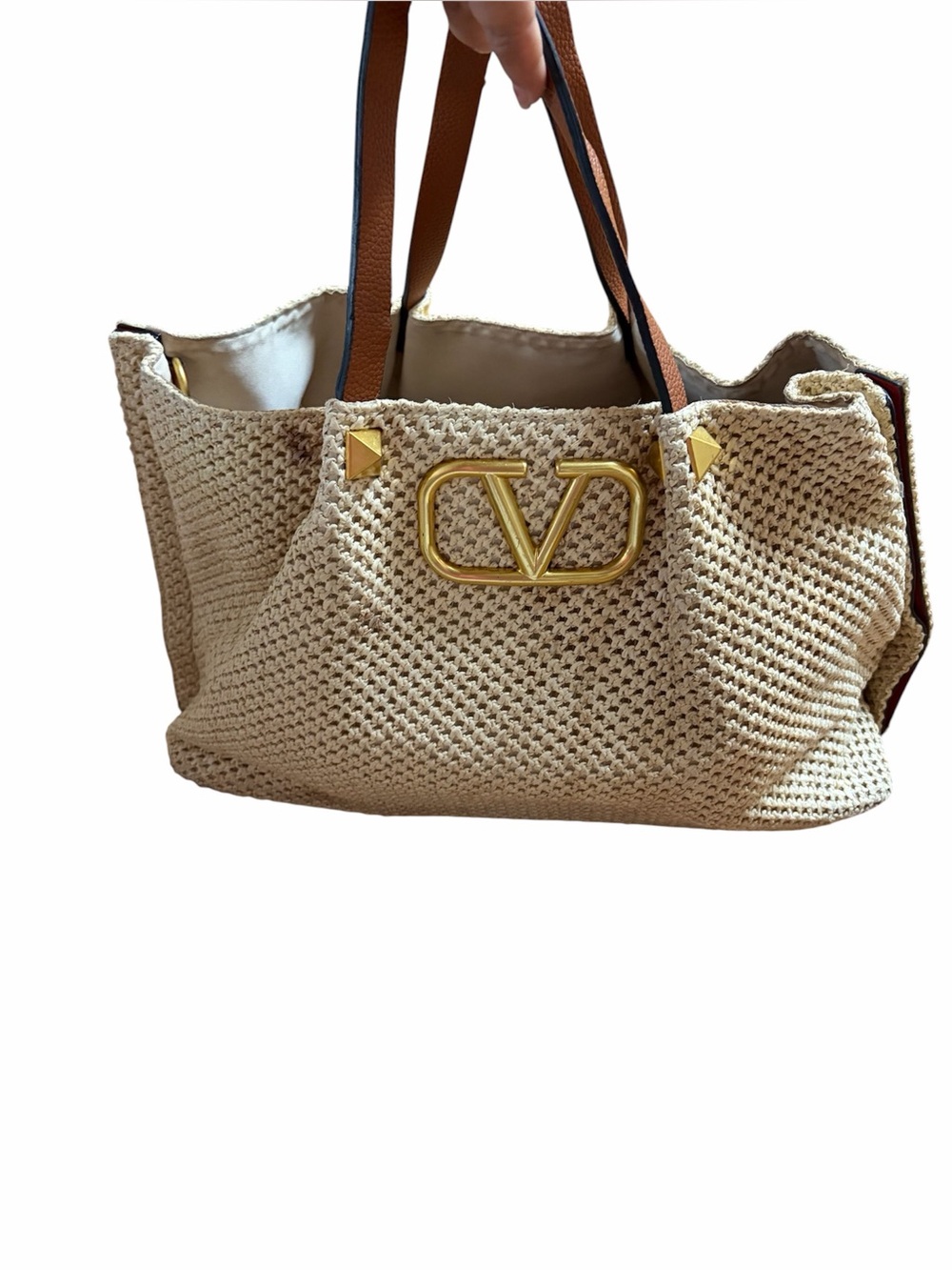 Valentino Garavani Beige Woven Tote with Gold V Emblem and Brown Straps